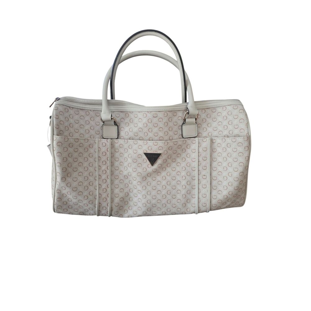 GUESS Women's Monogram Travel Duffel Bag Ivory Weekender Shoulder Bag